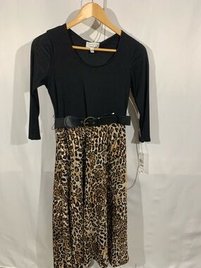 Robbie Bee Black Top with Leopard Print Midi Skirt and Belt